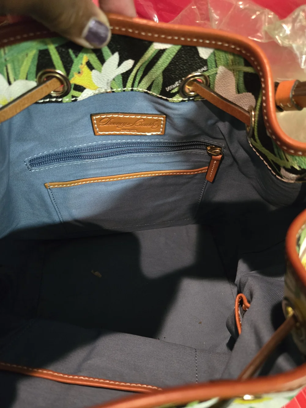 Dooney & Bourke Black Green Floral Drawstring Bucket Bag with Tan Trim. W/Pouch